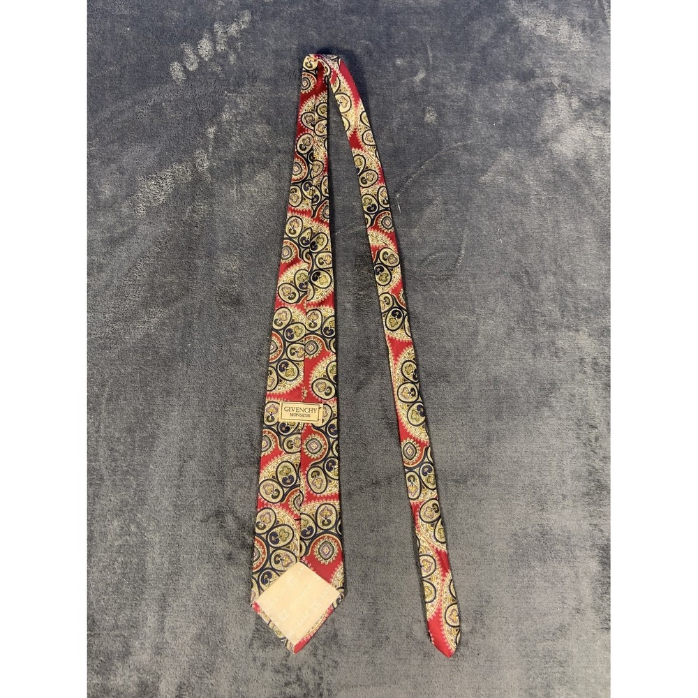 Vintage Givenchy Monsieur Silk Tie Red Navy Gold Paisley Medallion Made in Italy
